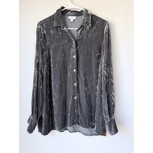 J. JILL Crushed Silk Blend Velvet Button Up Tunic Top Sz S Gray Shirt